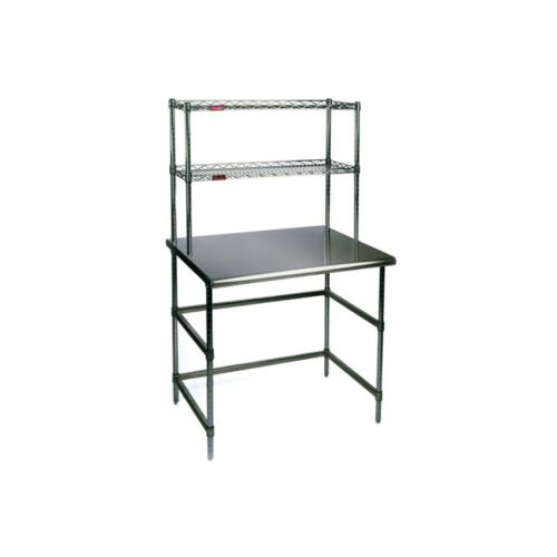 Cleanroom Tables: Stainless Steel Top, (2) Stainless Steel C-Frame Base, (2) Stainless Steel Over-Shelves