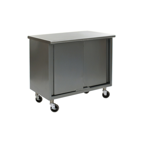 Stainless Steel Lab Cabinets: 304 Stainless Steel Flat Top, 430 Stainless Steel Body, Casters, Sliding Doors, Enclosed Lower
